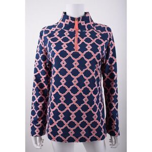 Mud Pie Womens Sweatshirt 1/4 Zip Pullover M Blue Pink Printed Long sleeved